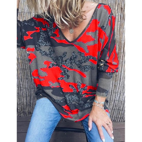 Damen Oversize V‑Ausschnitt Longshirt mit Camouflage‑Print und Glitzerbesatz EB