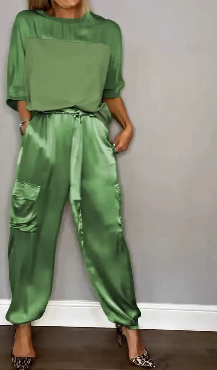 EB | Solide Farbe glatt Satin Top zweiteilige Set für Frauen