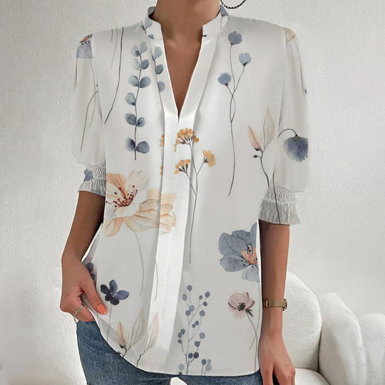 Damen Blumenprint Tunika-Bluse mit Stehkragen, geschlitzter V‑Blende und gerafften 3/4-Ärmeln EB