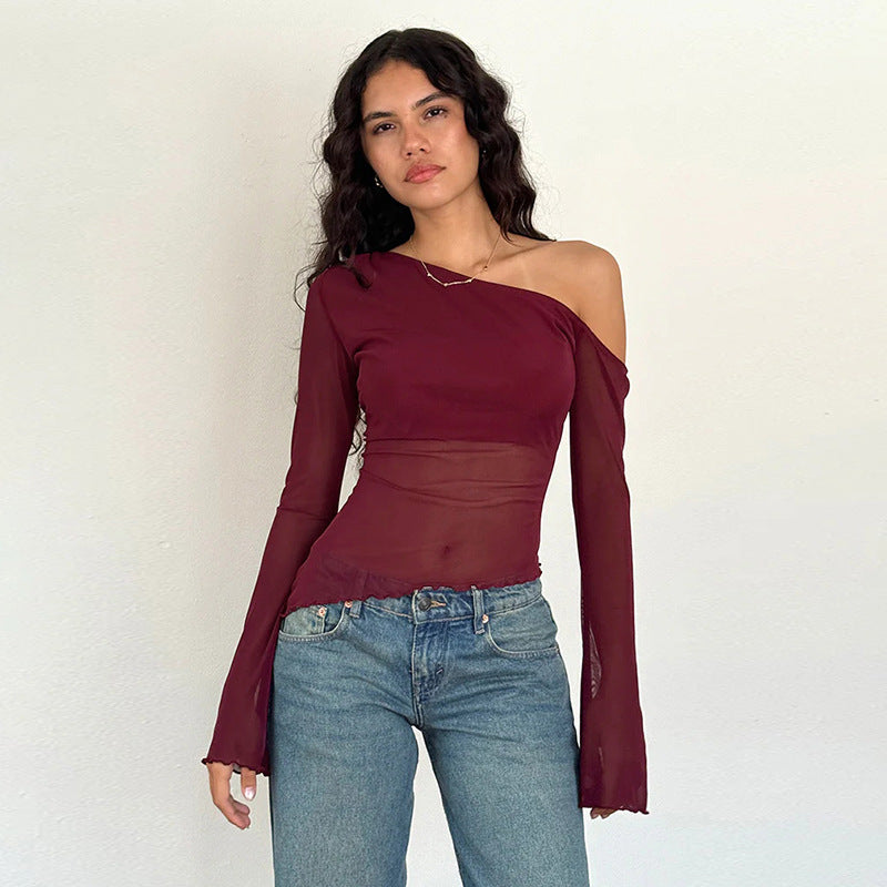 Damen asymmetrisches Langarmshirt mit transparenten Ärmeln und figurbetonter Silhouette EB