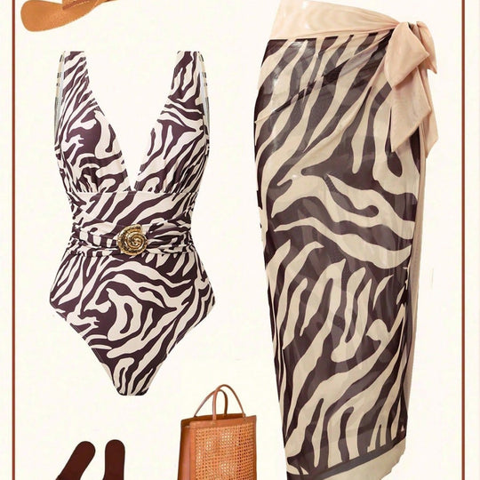 Damen Eleganter Strandmode-Anzug mit tiefem V-Ausschnitt und Gürtel EB