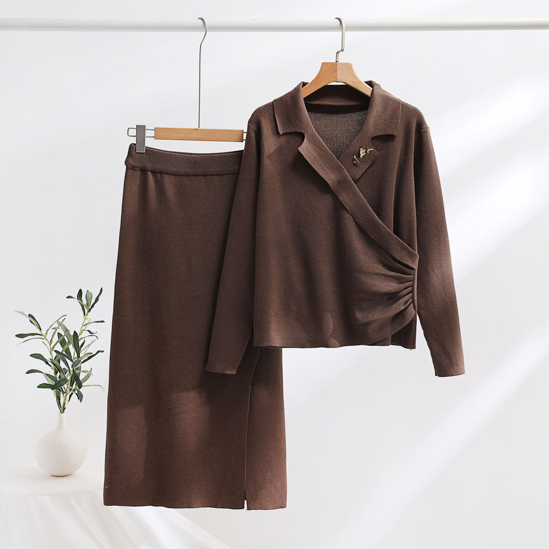Damen elegantes Strickensemble mit Wickeloberteil und raffinierter hoher Taillierung EB