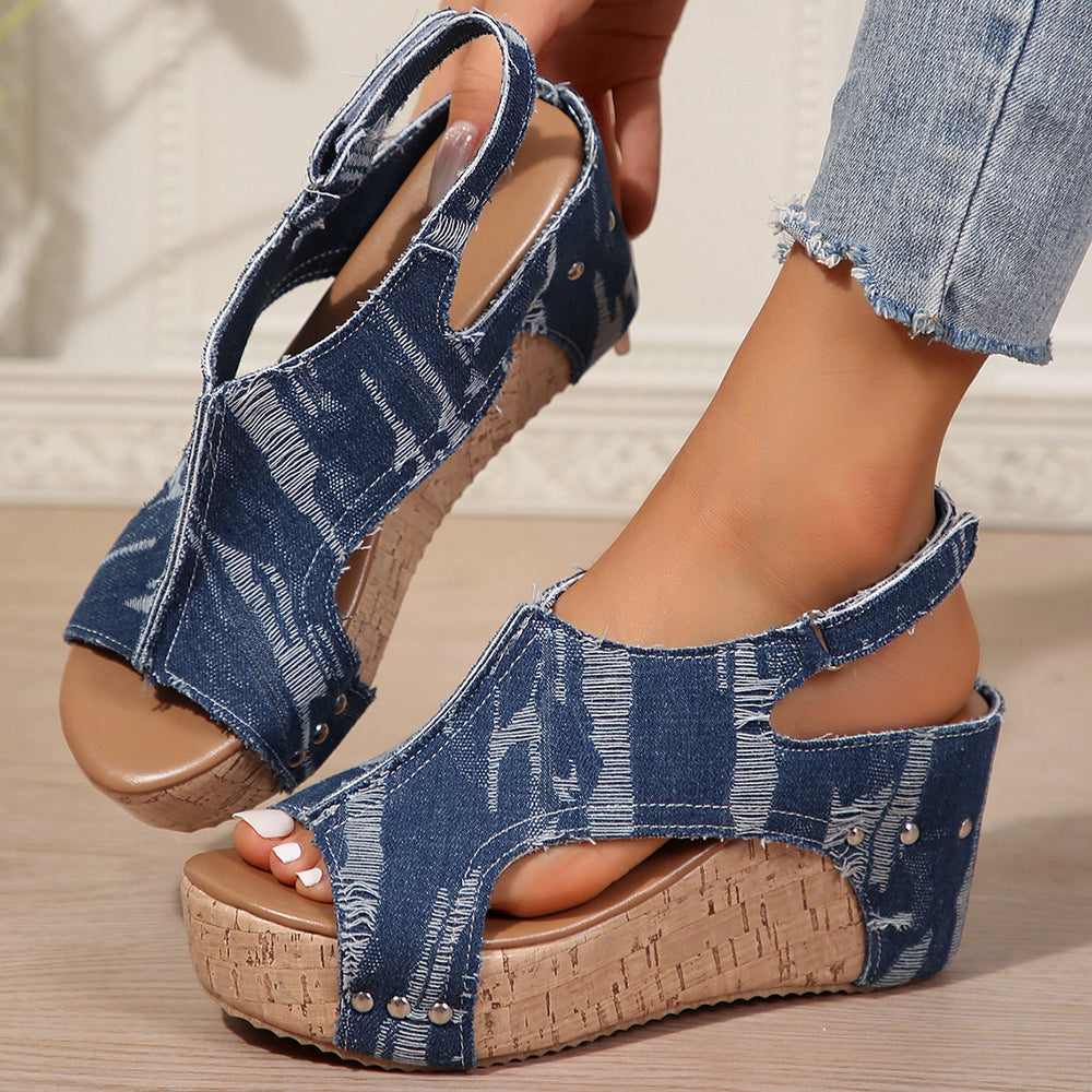 Damen Keil-Sandalen im modischen Denim-Look mit elastischer Fußbettgestaltung EB