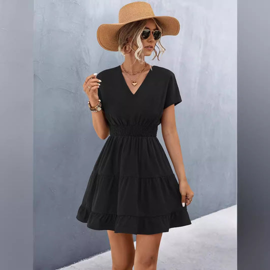 Damen V-Ausschnitt Freizeitkleid mit Rüschendetails und elastischem Bund EB
