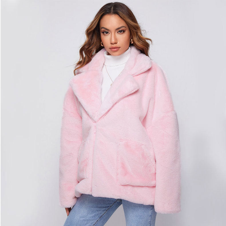 Damen Flauschige und stylische Freizeitjacke mit tiefem Reverskragen EB