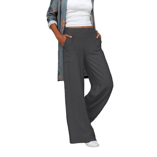 Damen nan weite Leinenmix-Hose mit hohem elastischen Bund und aufgesetzten Seitentaschen EB