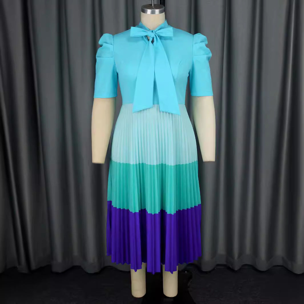 Damen Elegantes Plisseekleid mit Schleifenkragen EB