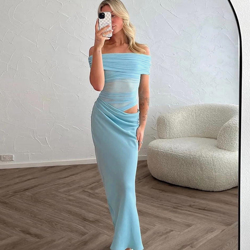 Damen elegantes Off-Shoulder Maxikleid mit figurformendem Wickeldesign EB