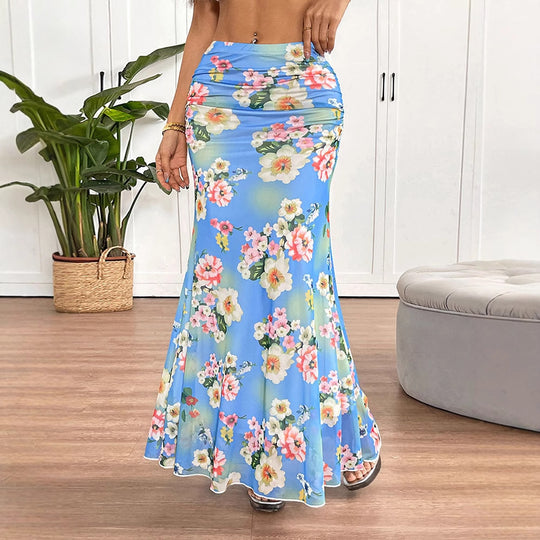 Damen maxilange Sommerrock mit floralen Mustern und fließendem Schnitt EB