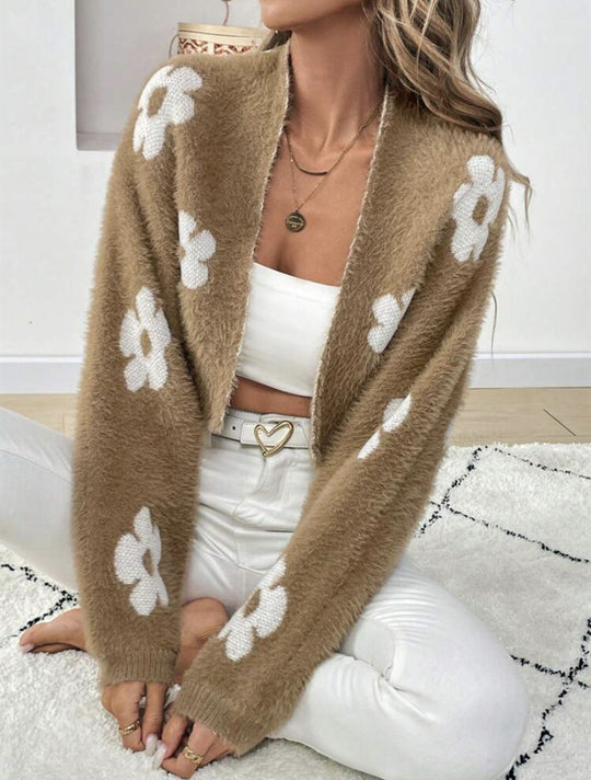 Damen Flauschiger Cardigan mit Blumenmuster EB