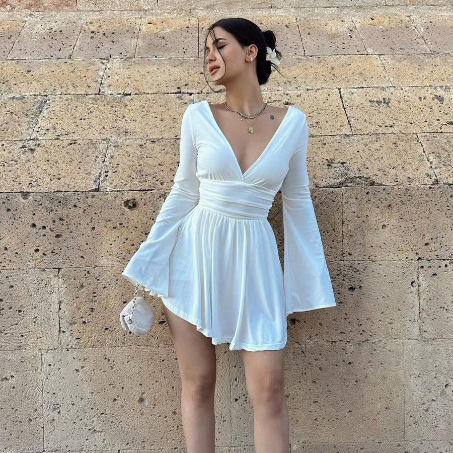 Damen elegantes Kleid mit tiefem V-Ausschnitt und langen Ärmeln EB