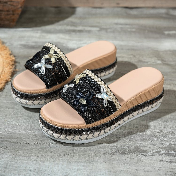 Damen Riemensandalen mit modischer Schmuckverzierung und Plateau-Rand EB