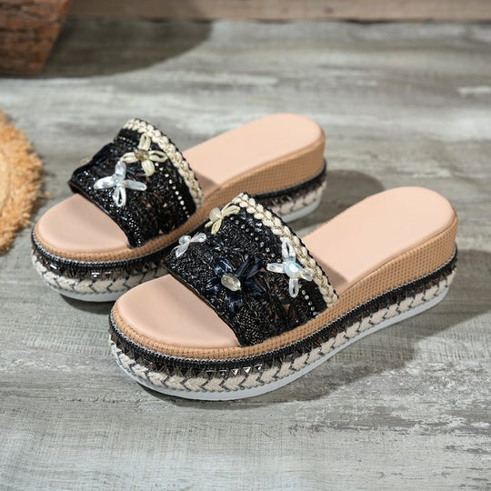 Damen Riemensandalen mit modischer Schmuckverzierung und Plateau-Rand EB