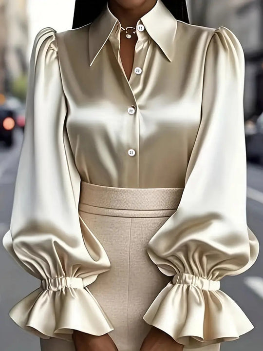 Damen elegante Seidenbluse mit Puffärmeln und schicker Knopfleiste EB