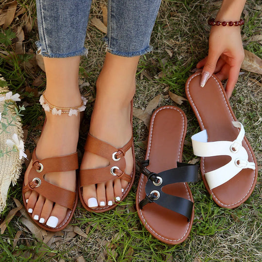 Damen Sommerliche Zehentrenner-Sandalen mit modischem Riemen-Design und dekorativen Ösen EB