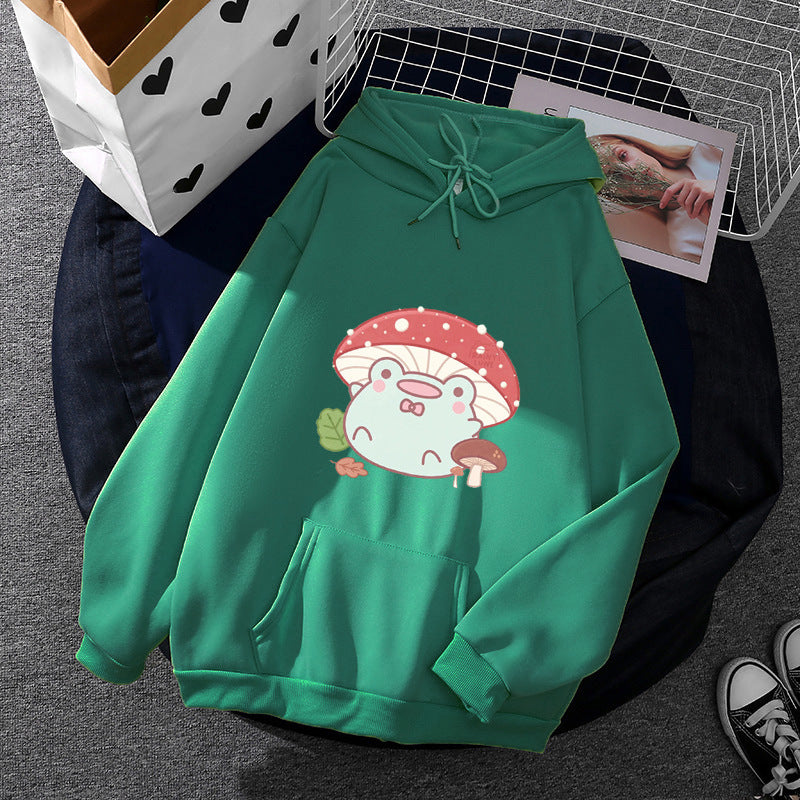 Damen nan weicher Oversize-Kapuzenpullover mit kawaii Pilzfrosch-Print, Kängurutasche und gerippten Bündchen EB