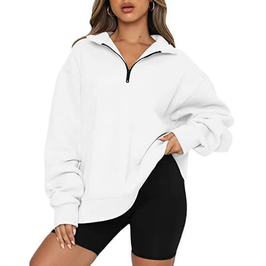 Damen nan oversized Sweatshirt mit halbem Reißverschluss, Stehkragen und überschnittener Schulter EB