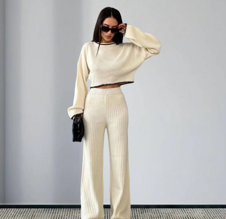 Damen elegantes Strickanzug mit weitem Bein und romantischen Ärmeln EB