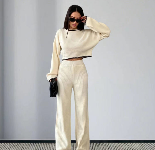 Damen elegantes Strickanzug mit weitem Bein und romantischen Ärmeln EB
