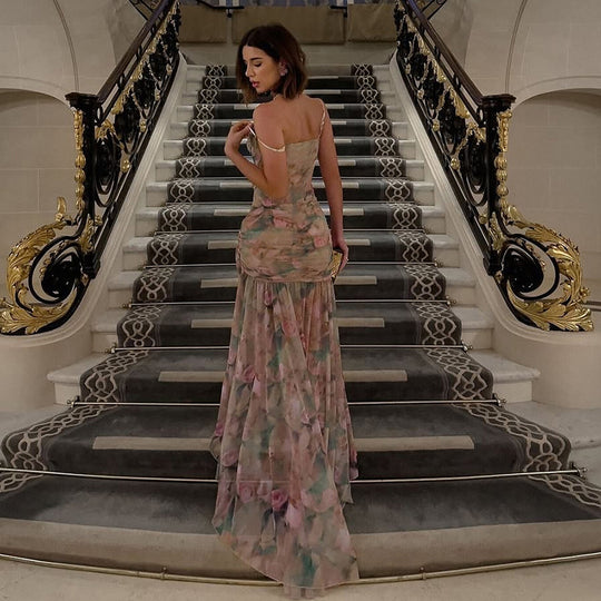 Damen Elegant und fließendes Maxikleid mit floralem Motiv EB