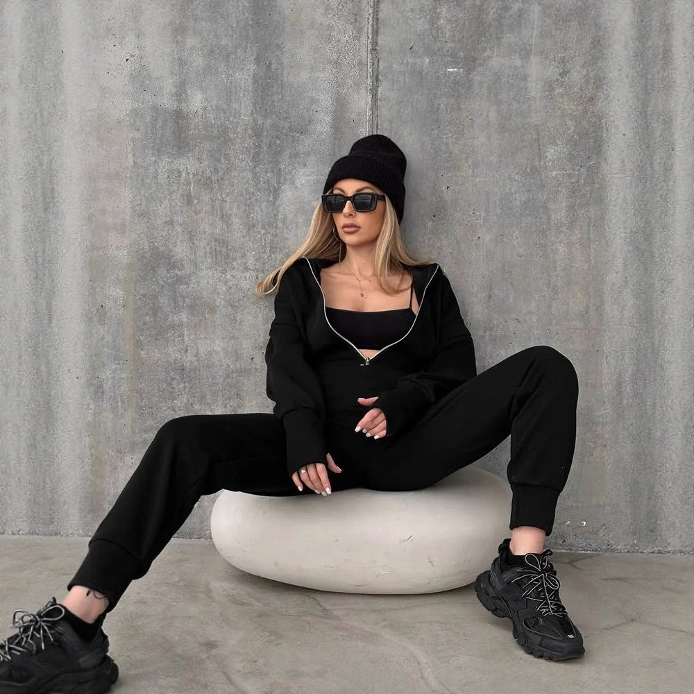 Damen Figurbetontes Kapuzen-Loungewear-Set mit tailliertem Zip-Hoodie und High-Waist Jogginghose EB