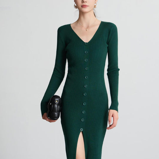 Damen Langes Strickkleid mit V-Ausschnitt und durchgehender Knopfleiste EB