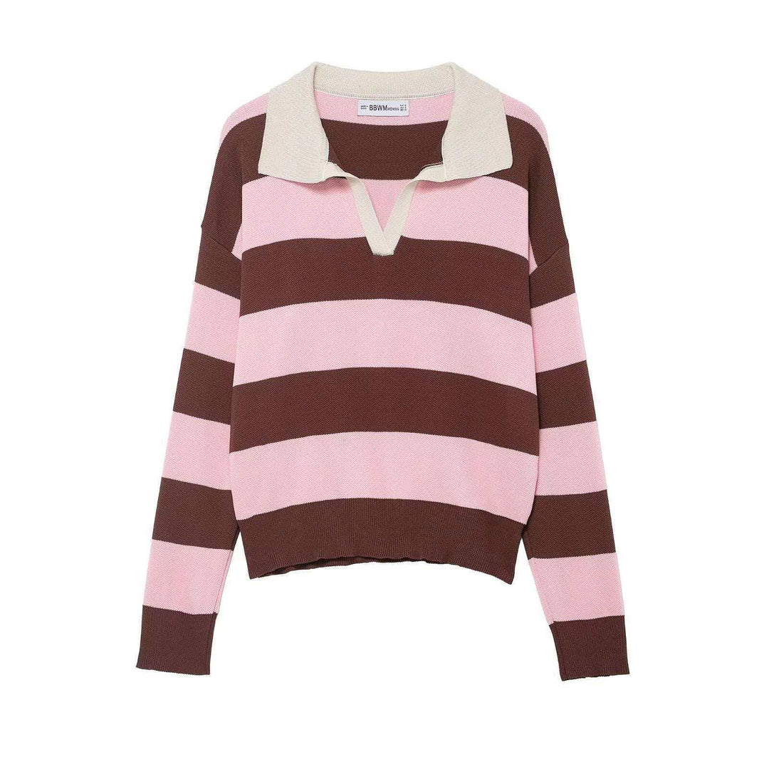Damen nan gestreifter Rugby-Strickpullover mit Polokragen und weiter Oversize-Passform EB