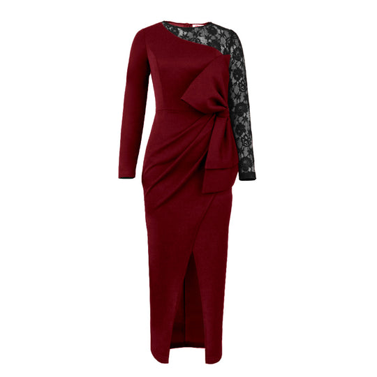 Damen elegantes Etuikleid mit aufwendigem Spitzenärmel und drapiertem Saum EB
