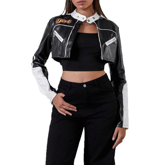 Damen modische cropped Kunstlederjacke EB