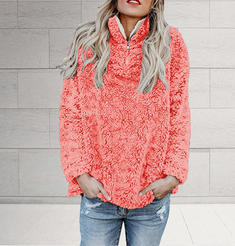 Damen Flauschige Fleece-Pulloverjacke mit hohem Kragen und Reißverschluss EB