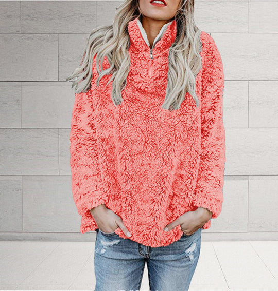 Damen Flauschige Fleece-Pulloverjacke mit hohem Kragen und Reißverschluss EB