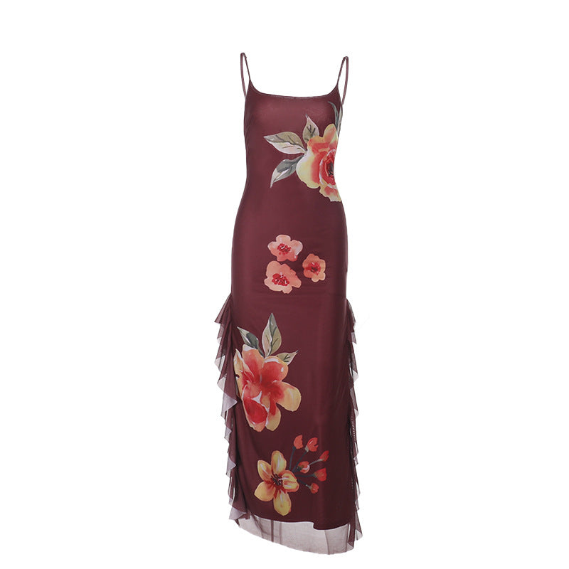Damen elegantes Maxikleid mit floralem Design und seitlichem Schlitz EB