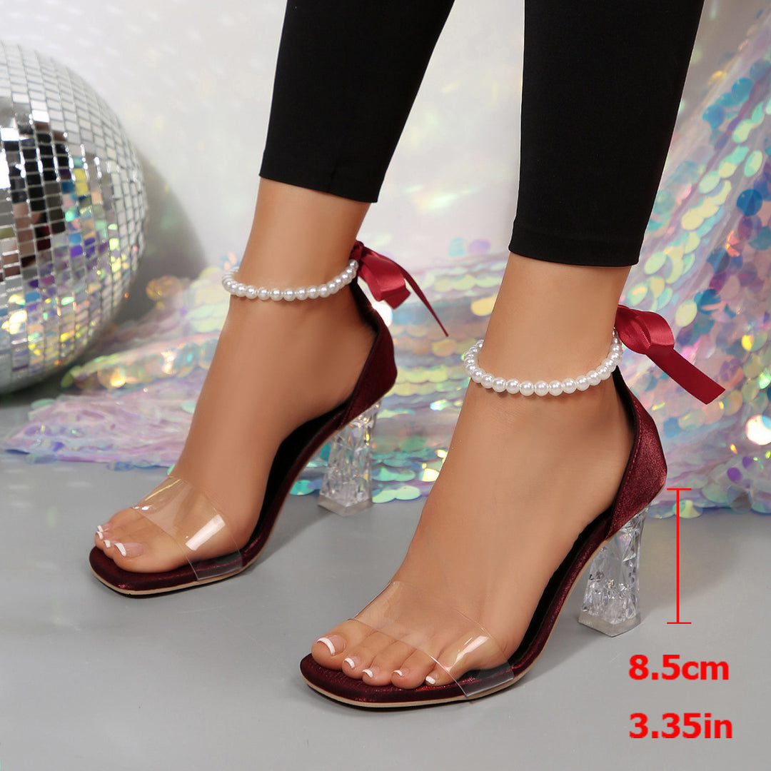 Damen Elegante und modische Sandaletten mit transparentem Riemchen und funkelndem Blockabsatz EB