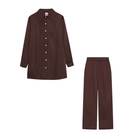 Damen Satin Pyjama Set mit langärmliger Bluse und weiten Hosen EB