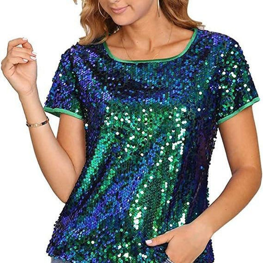 Damen Glitzerndes Pailletten T-Shirt mit lässigem Schnitt und komfortablem Baumwollmaterial EB