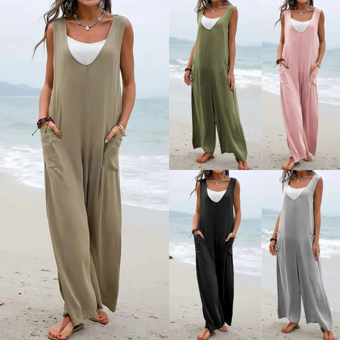 Damen Weit geschnittene Sommer-Jumpsuit mit praktischen Taschen und V-Ausschnitt EB