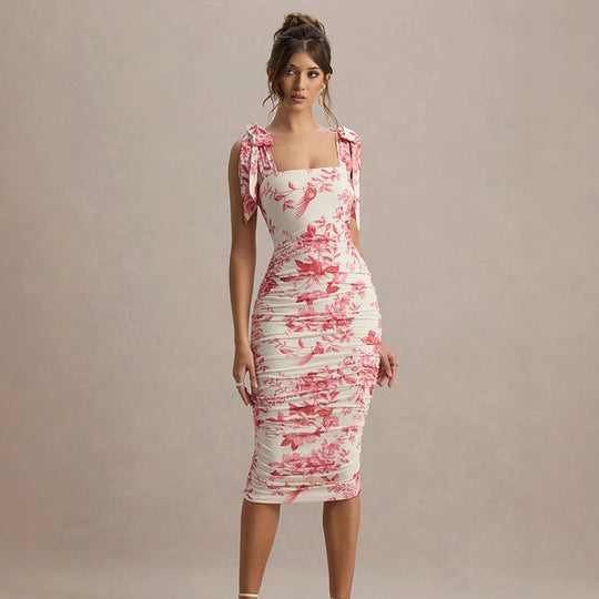 Damen figurbetontes Blumenkleid mit Puffärmeln und Rüschendetails EB