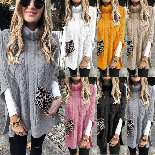Damen Strickponcho mit hohem Kragen und dekorativem Zopfmuster EB