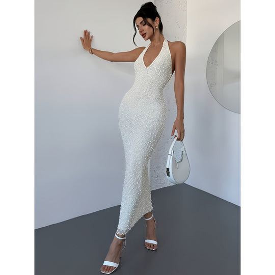 Damen Elegantes Abendkleid mit Hochzeitsperlen und tiefem V-Ausschnitt EB