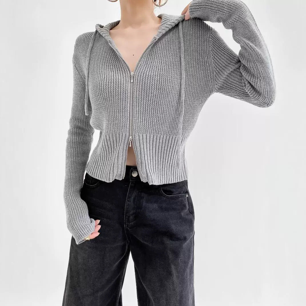 Damen lässiger Strickzipper mit Kapuze EB