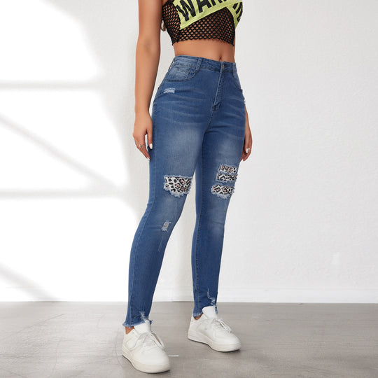 Damen Skinny Jeans mit animalischen Applikationen und Distressed-Effekten EB