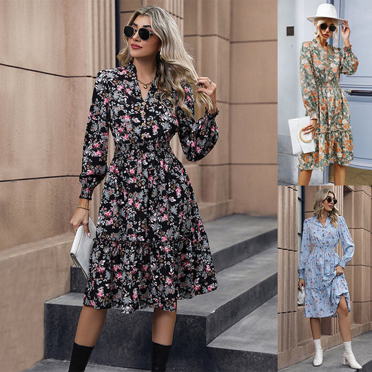 Damen Midi-Kleid mit floralen Rüschen und elegantem Stehkragen EB