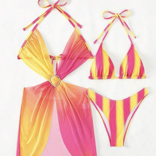 Damen Trendiges Zwei-in-Eins-Bikini-Set mit modischem Wickelrock EB