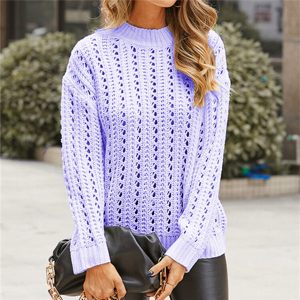 Damen luftiger Strickpullover mit Lochmuster und modernem Stehkragen EB