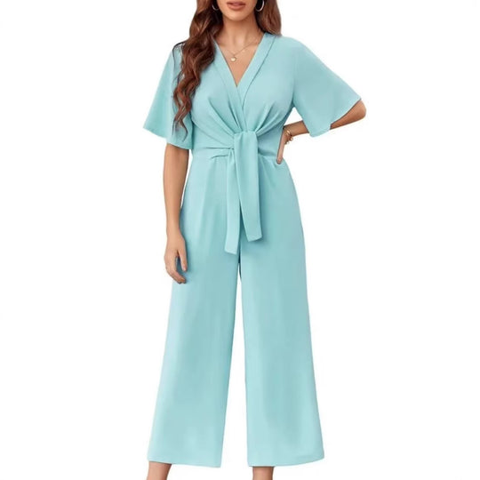 Damen eleganter Wickel-Jumpsuit mit weiten Beinen und Taillengürtel EB