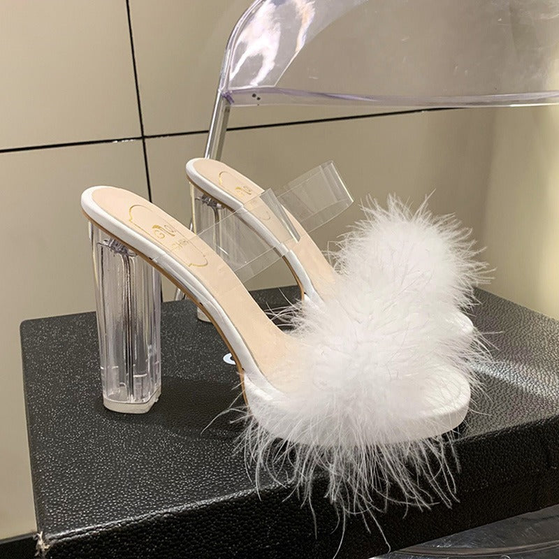 Damen elegante Mules mit transparentem Blockabsatz und feiner Fellverzierung EB