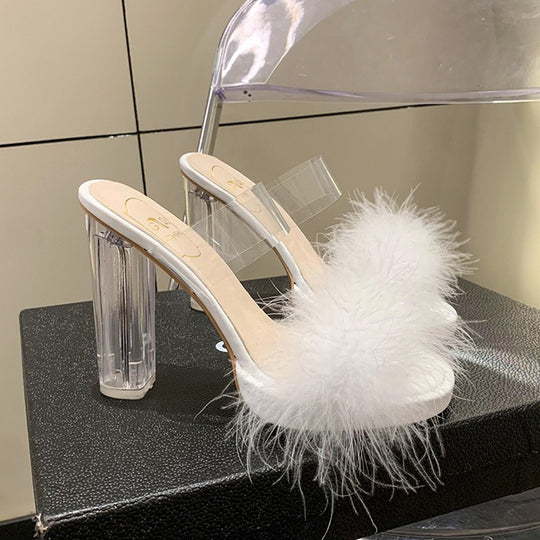 Damen elegante Mules mit transparentem Blockabsatz und feiner Fellverzierung EB
