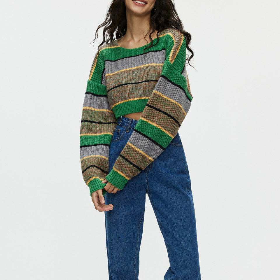 Damen Crop-Pullover mit lässigen Streifen und weichem Material EB