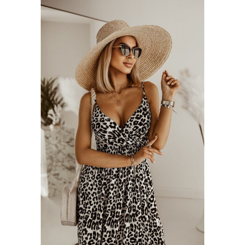 Damen Sleek Leopardenmuster Maxi Kleid EB