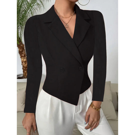 Damen Elegante Blazerjacke mit doppelt knöpfbarer Front und geschwungenem Saum EB